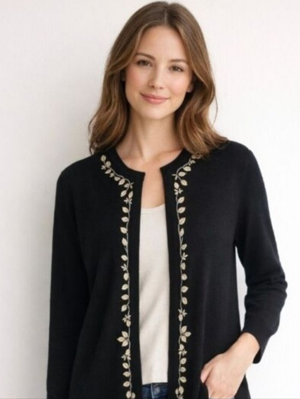 Designers Originals Black Cardigan Sweater w/Gold Leaf Embroidery Size Large NWT